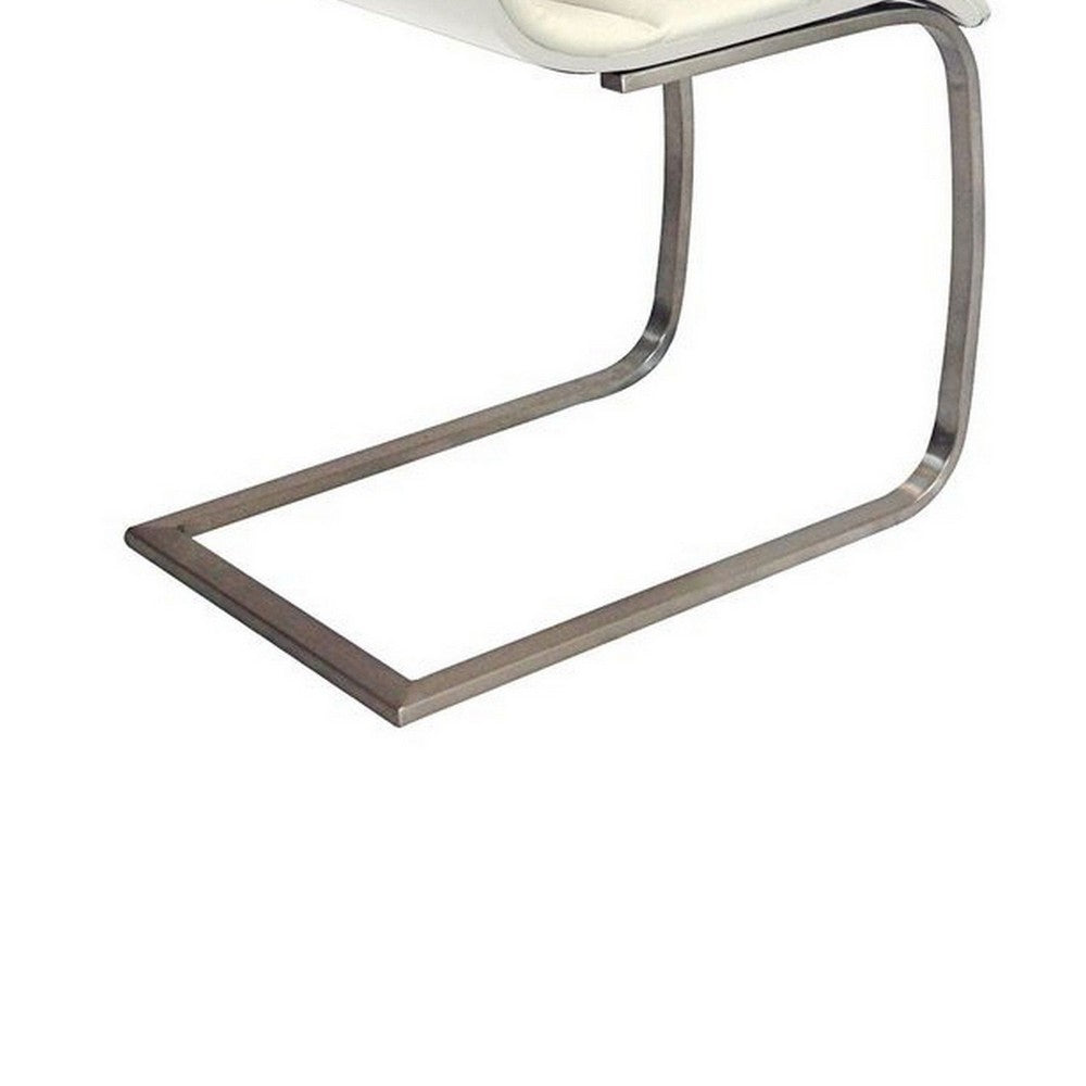 Benjara Dining Chair Set of 2, White Faux Leather, Silver Cantilever Base