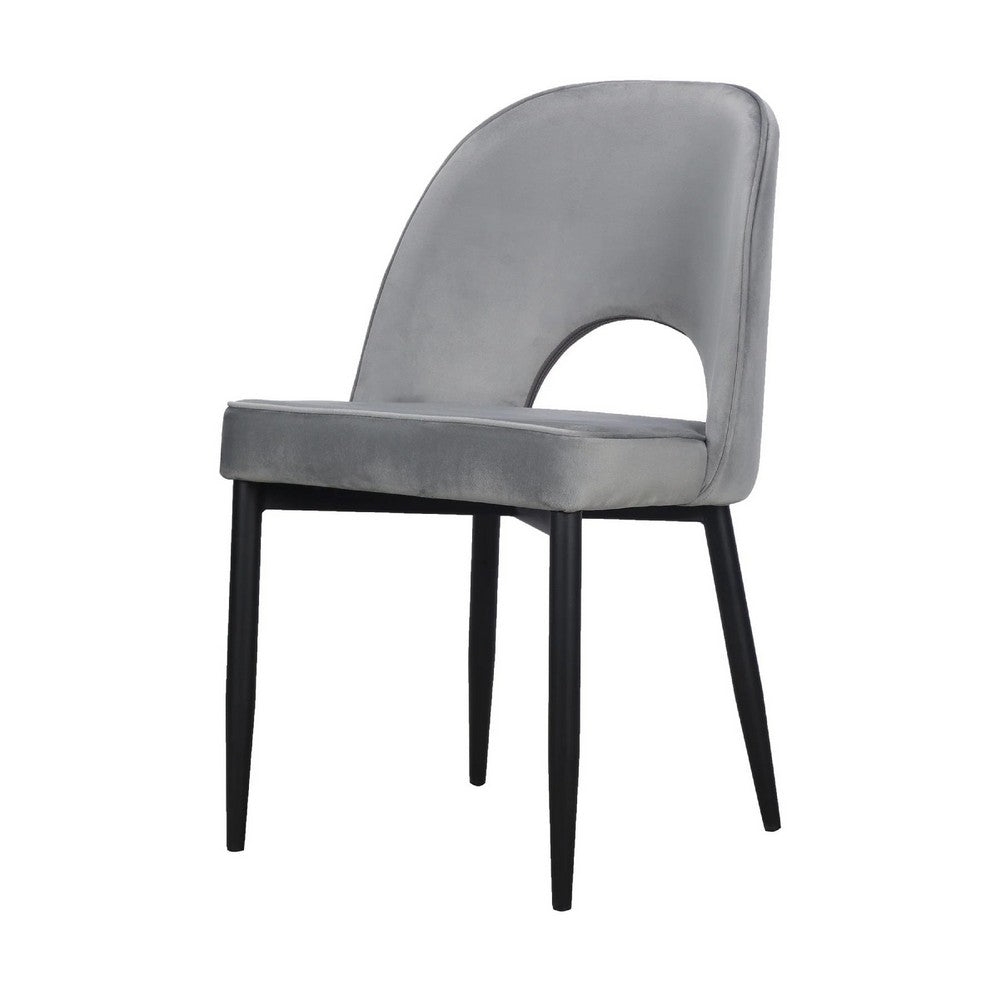 Benjara Koir Set of 2 Dining Chair, Gray Fabric, Cut Out Backrest, Black Legs