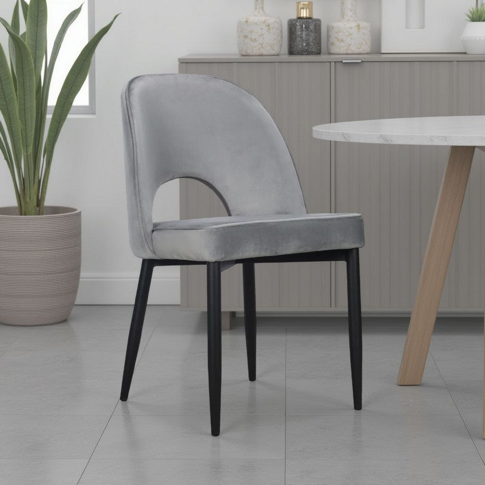 Benjara Koir Set of 2 Dining Chair, Gray Fabric, Cut Out Backrest, Black Legs