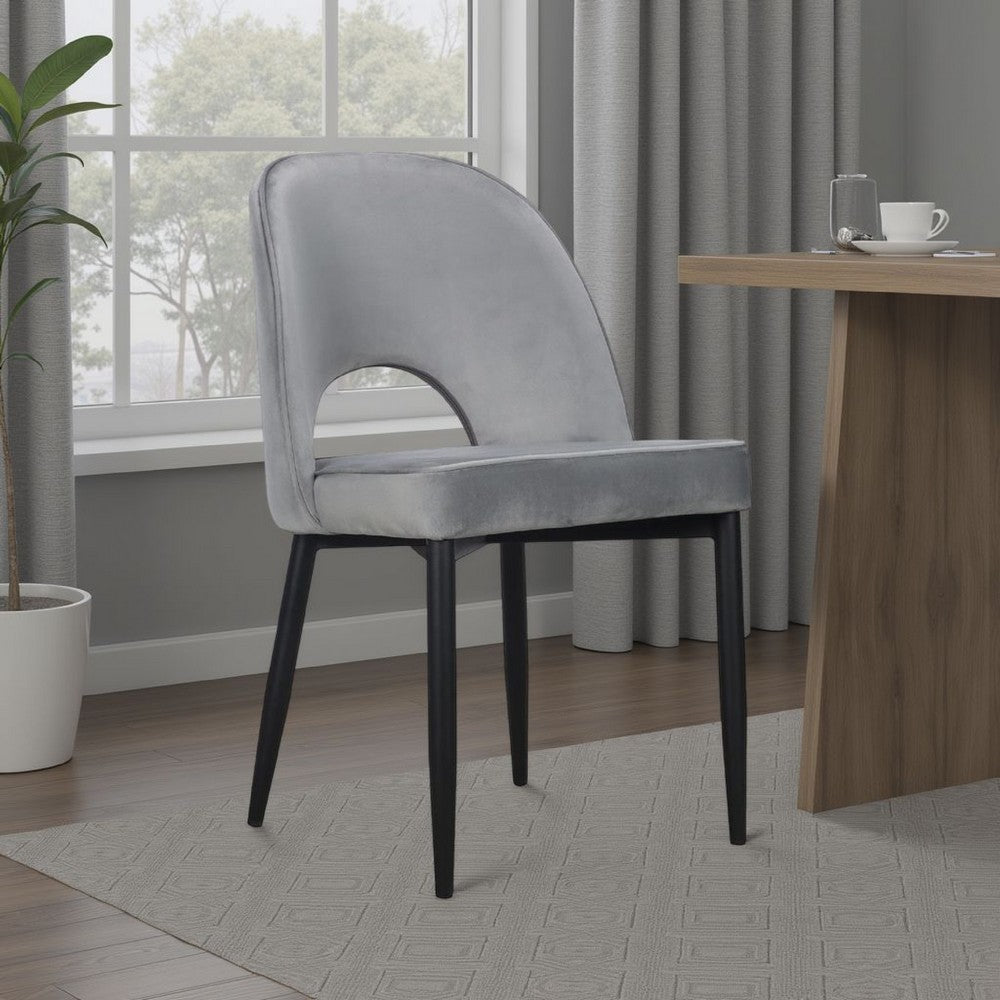 Benjara Koir Set of 2 Dining Chair, Gray Fabric, Cut Out Backrest, Black Legs