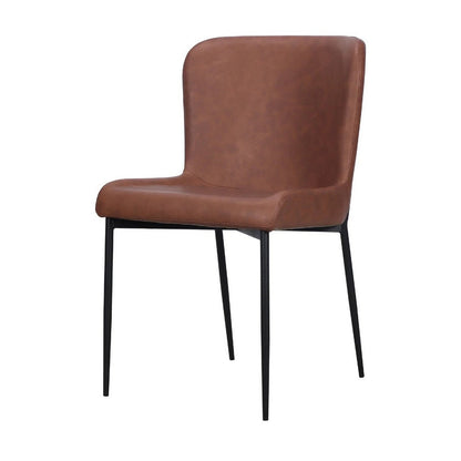 Benjara Woxy Set of 2 Dining Chair Cognac Brown Faux Leather, Black Metal Legs
