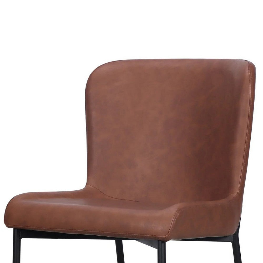 Benjara Woxy Set of 2 Dining Chair Cognac Brown Faux Leather, Black Metal Legs