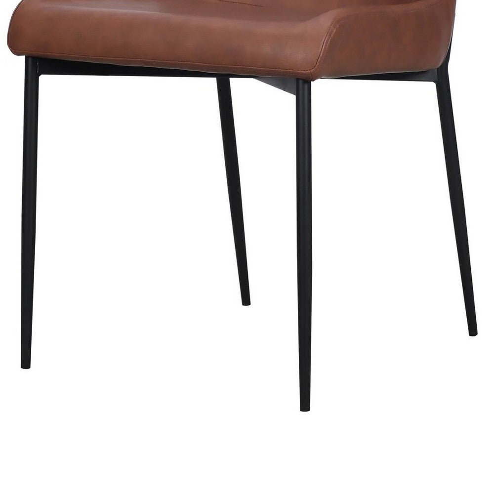 Benjara Woxy Set of 2 Dining Chair Cognac Brown Faux Leather, Black Metal Legs