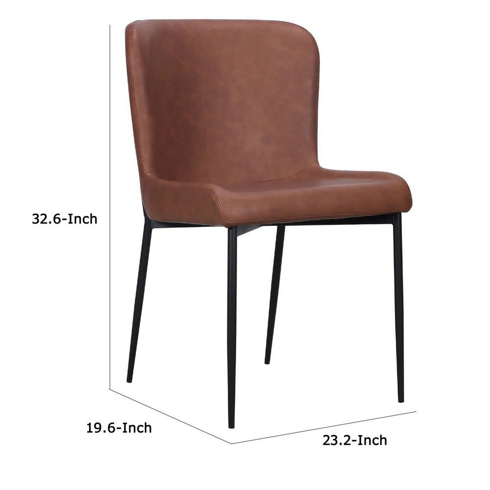 Benjara Woxy Set of 2 Dining Chair Cognac Brown Faux Leather, Black Metal Legs