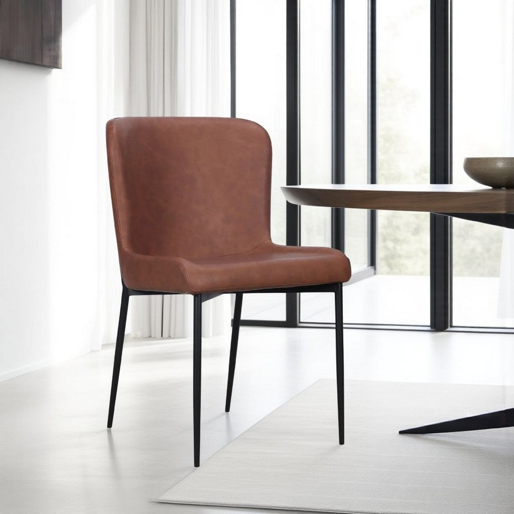 Benjara Woxy Set of 2 Dining Chair Cognac Brown Faux Leather, Black Metal Legs