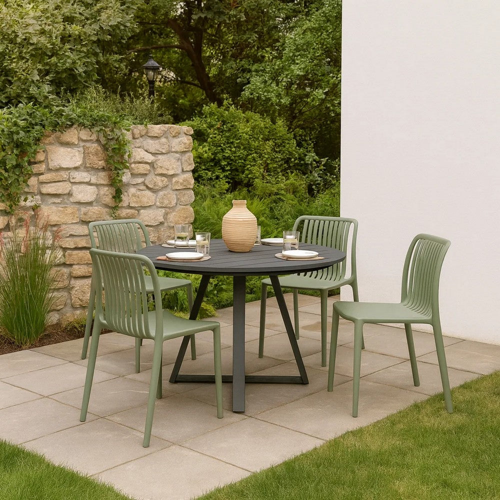 Benjara Womu Outdoor Side Chair Set of 4, Moss Green Finish, Slatted Backrest