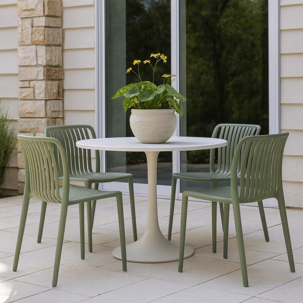 Benjara Womu Outdoor Side Chair Set of 4, Moss Green Finish, Slatted Backrest