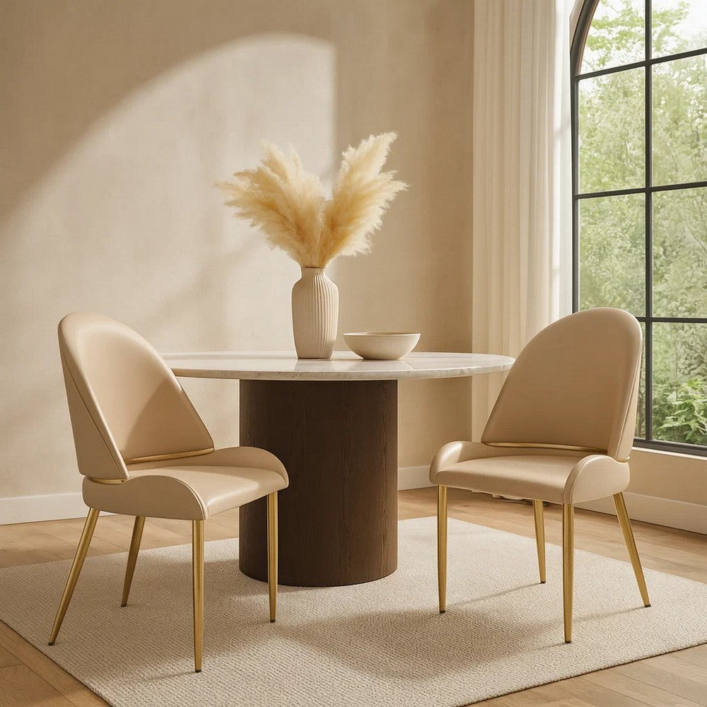 Benjara Mior Dining Chair Set of 2, Champagne Faux Leather, Gold Metal Accents