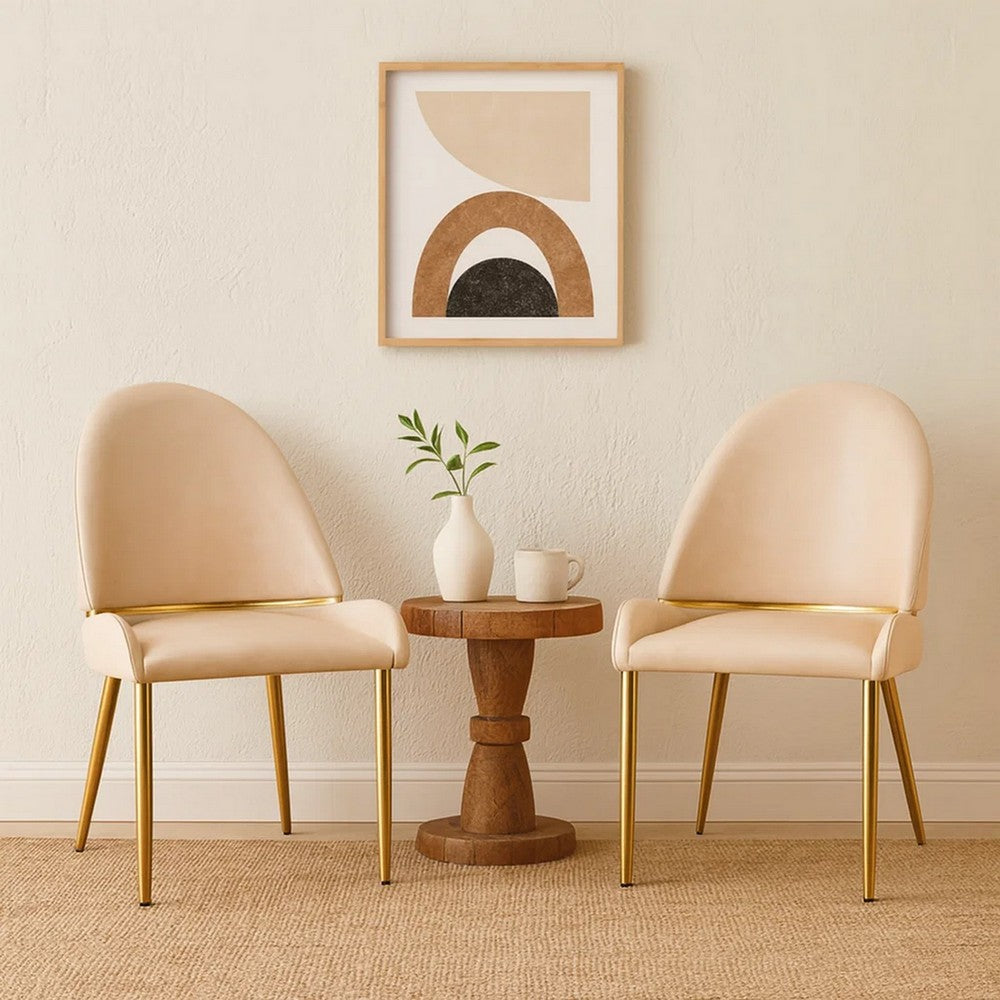 Benjara Mior Dining Chair Set of 2, Champagne Faux Leather, Gold Metal Accents