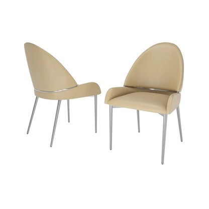 Benjara Mior Dining Chair Set of 2, Taupe Faux Leather, Gold Metal Accents