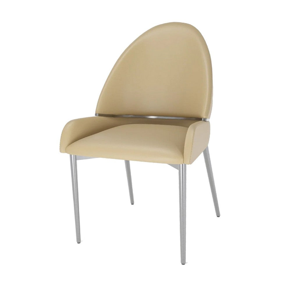 Benjara Mior Dining Chair Set of 2, Taupe Faux Leather, Gold Metal Accents