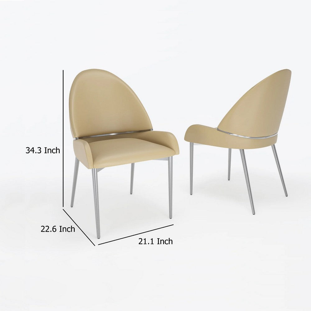 Benjara Mior Dining Chair Set of 2, Taupe Faux Leather, Gold Metal Accents