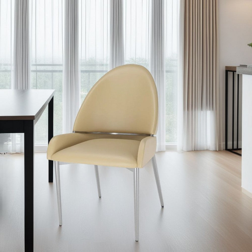 Benjara Mior Dining Chair Set of 2, Taupe Faux Leather, Gold Metal Accents