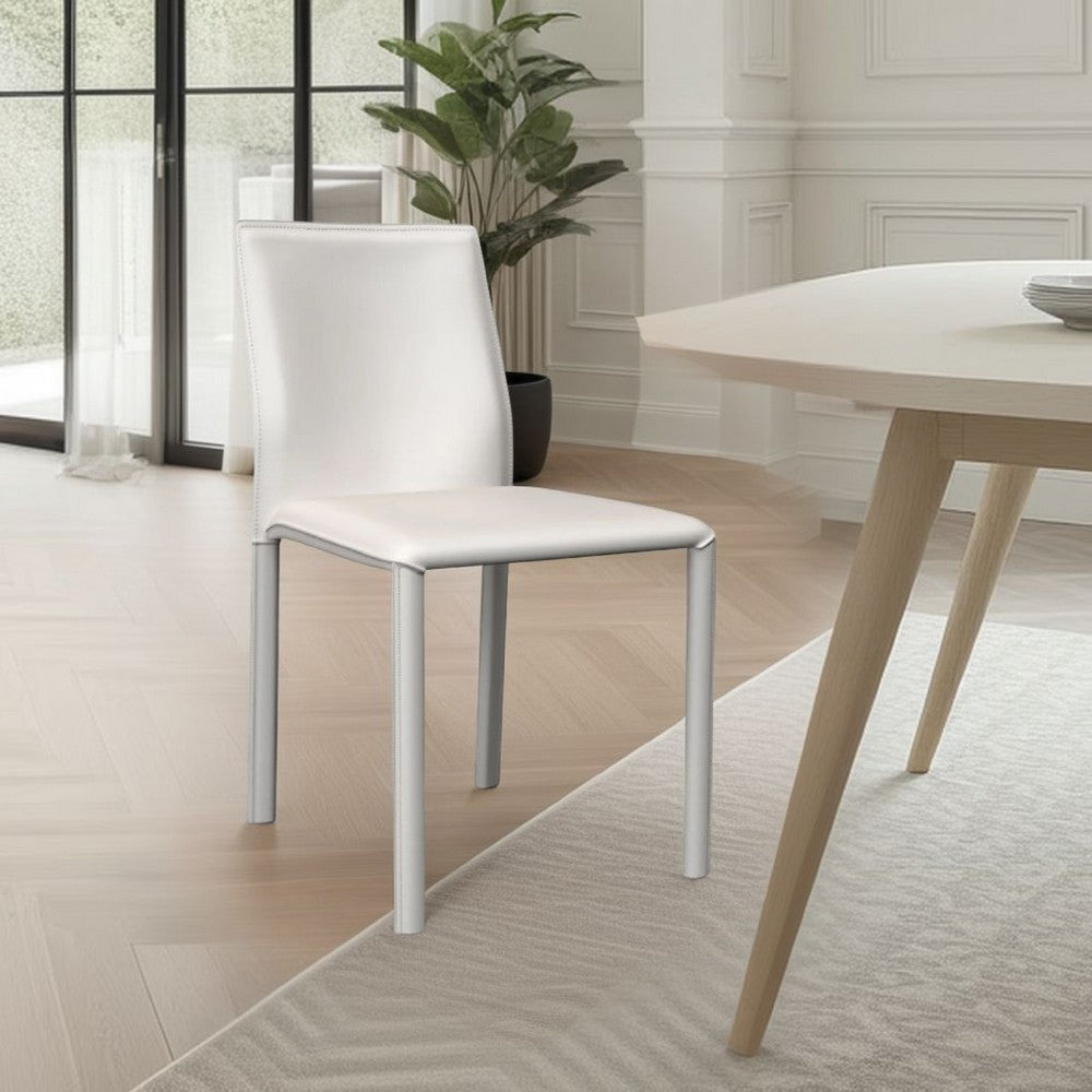 Benjara Nuwo Side Dining Chair Set of 2, White Faux Leather, Modern Metal Legs