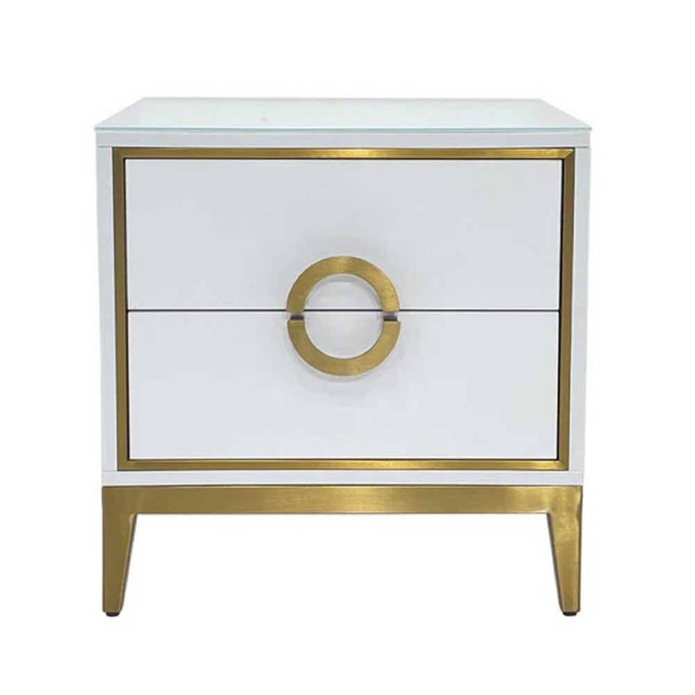 Benjara Nightstand, 20 Inch, 2 Drawers with Luxe Gold Metal Handles, White