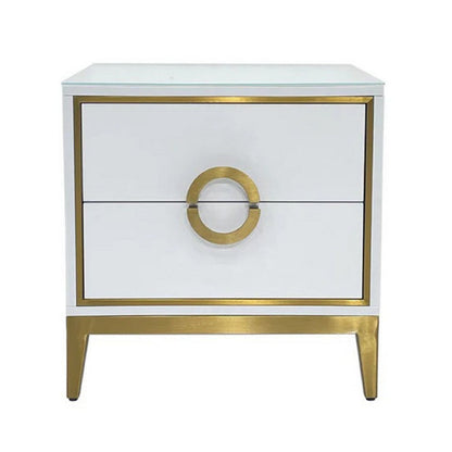 Benjara Nightstand, 20 Inch, 2 Drawers with Luxe Gold Metal Handles, White