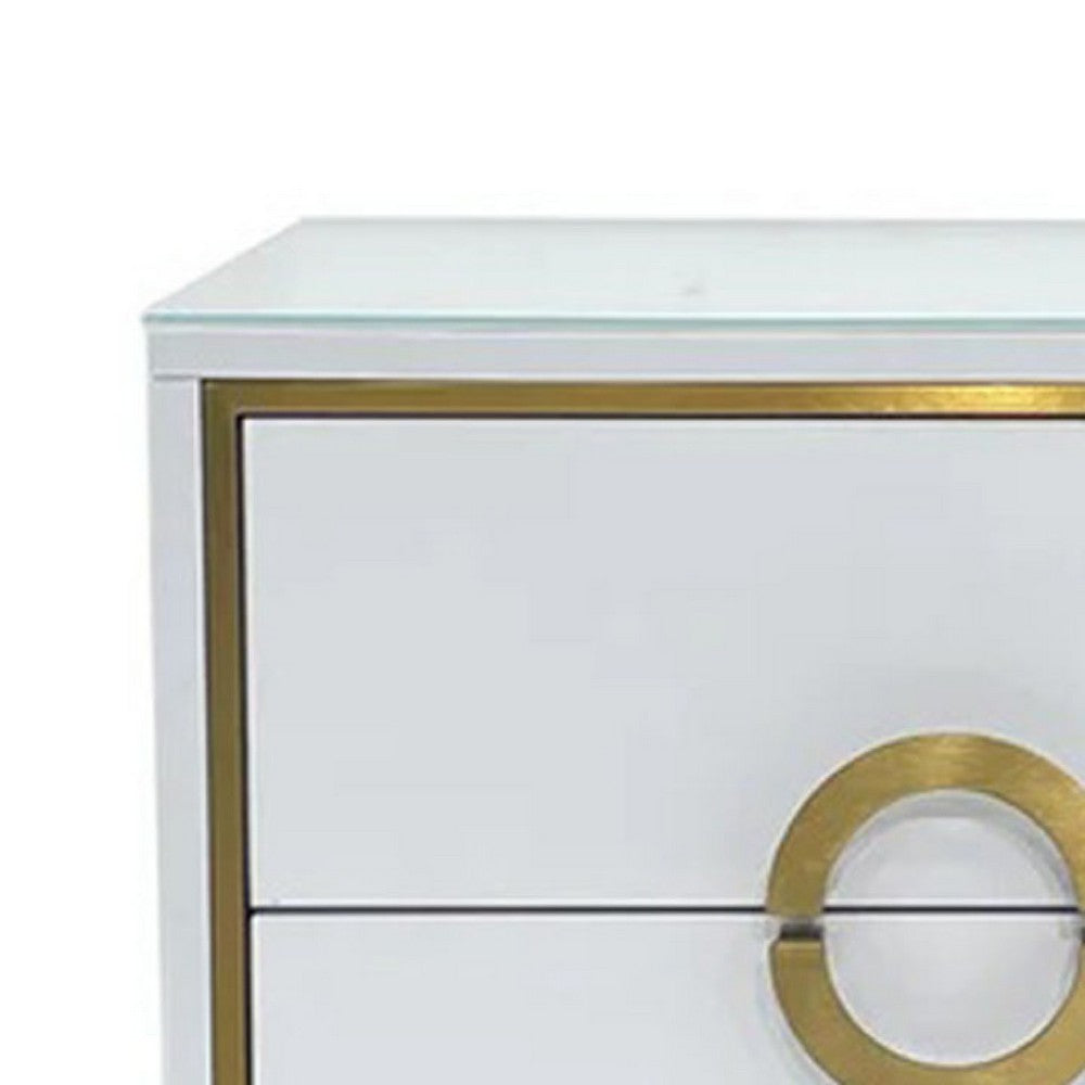 Benjara Nightstand, 20 Inch, 2 Drawers with Luxe Gold Metal Handles, White