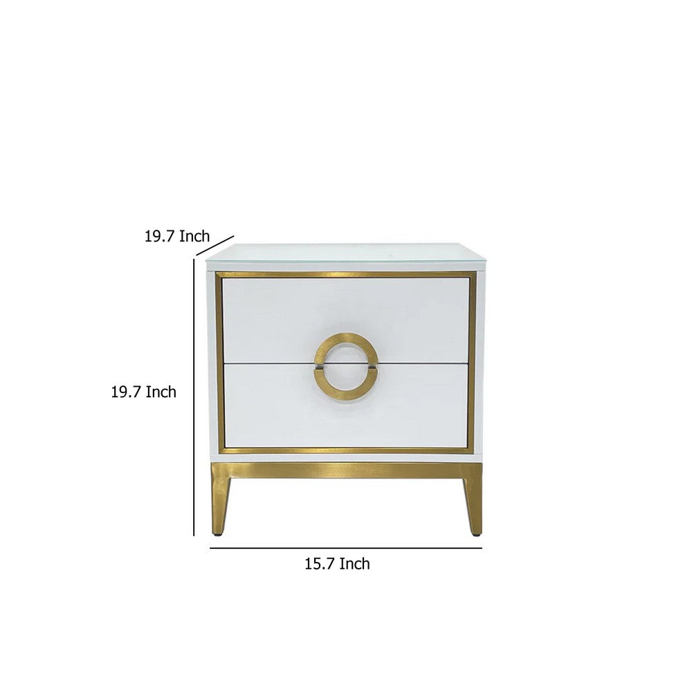 Benjara Nightstand, 20 Inch, 2 Drawers with Luxe Gold Metal Handles, White