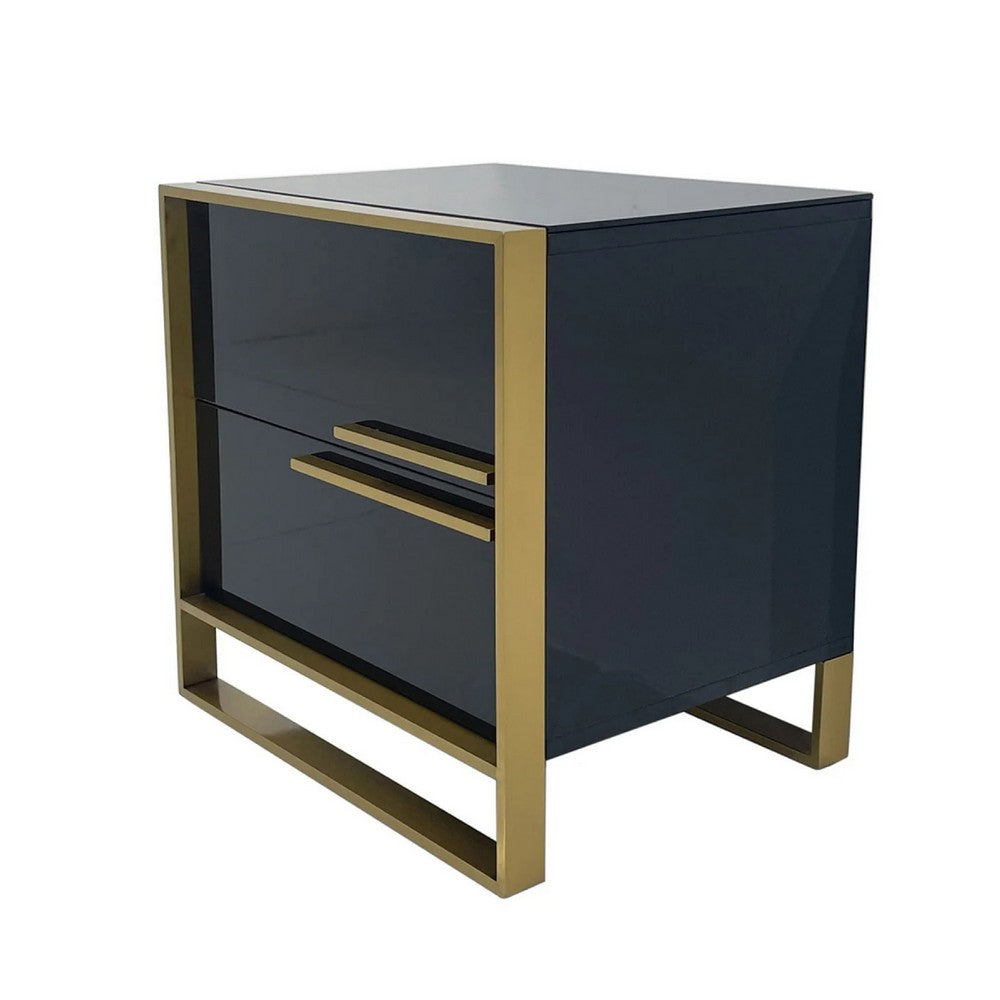Benjara Boko Nightstand, 2 Drawers w Luxe Gold Metal Handles, 20 Inch, Black