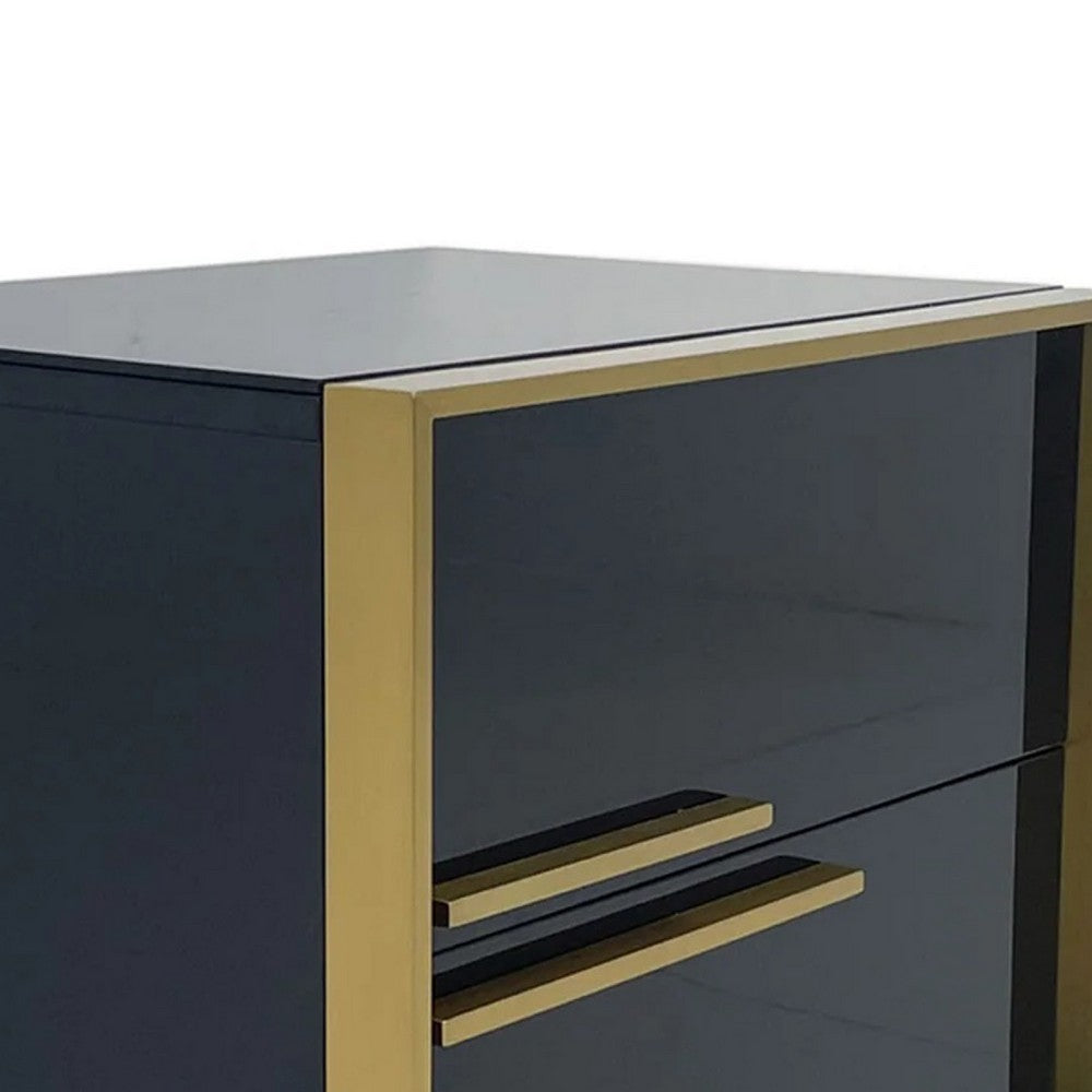 Benjara Boko Nightstand, 2 Drawers w Luxe Gold Metal Handles, 20 Inch, Black