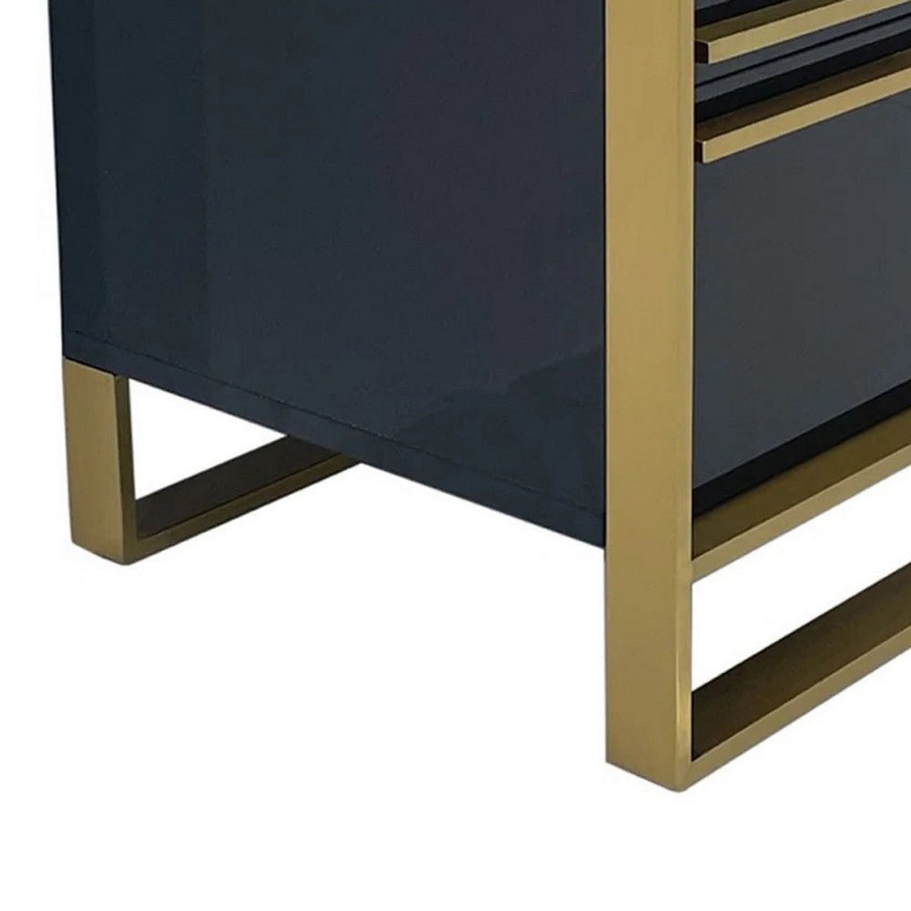 Benjara Boko Nightstand, 2 Drawers w Luxe Gold Metal Handles, 20 Inch, Black