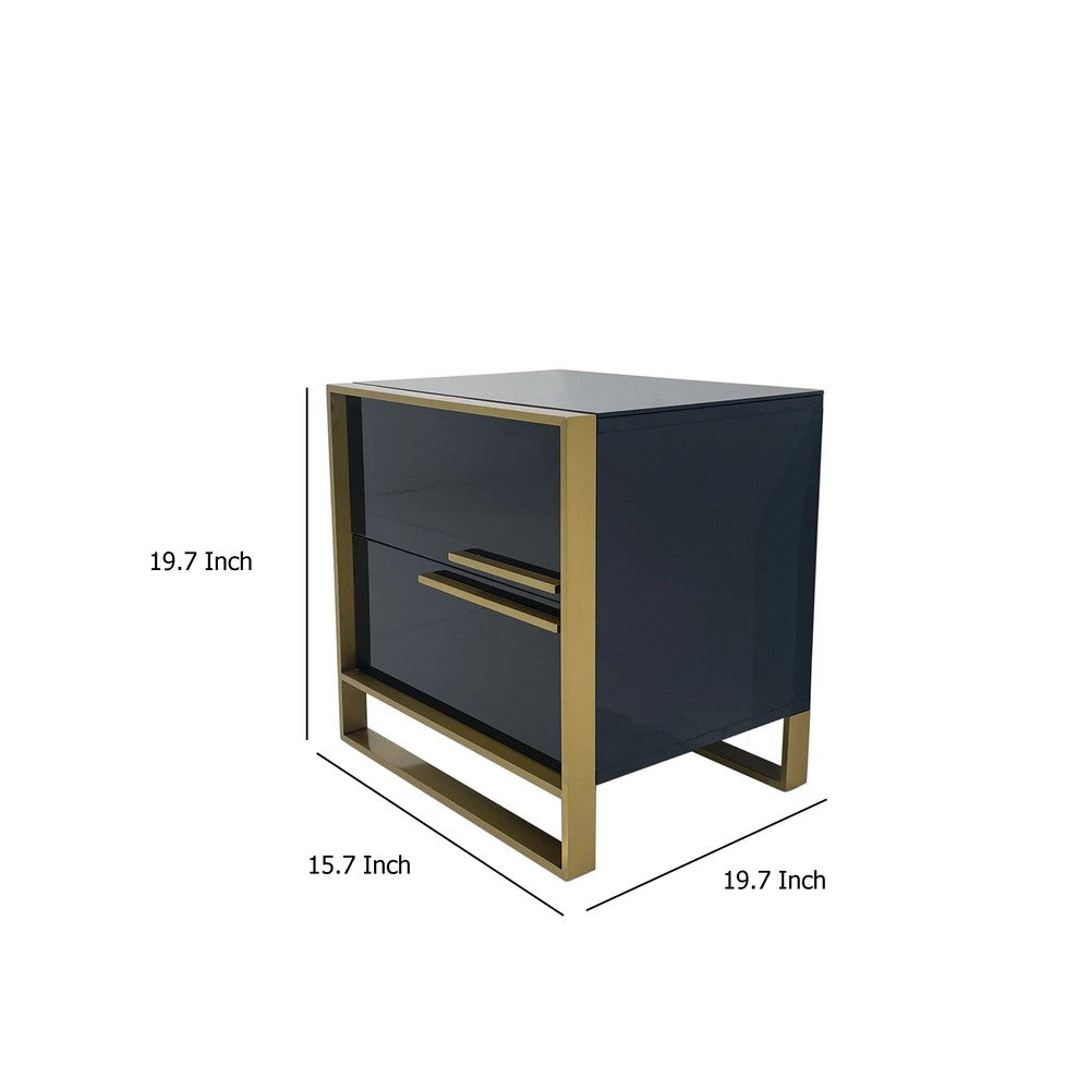 Benjara Boko Nightstand, 2 Drawers w Luxe Gold Metal Handles, 20 Inch, Black