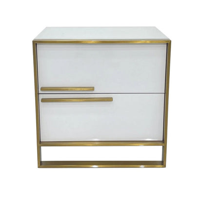 Benjara Boko Nightstand, 2 Drawers w Modern Gold Metal Handles, 20 Inch White