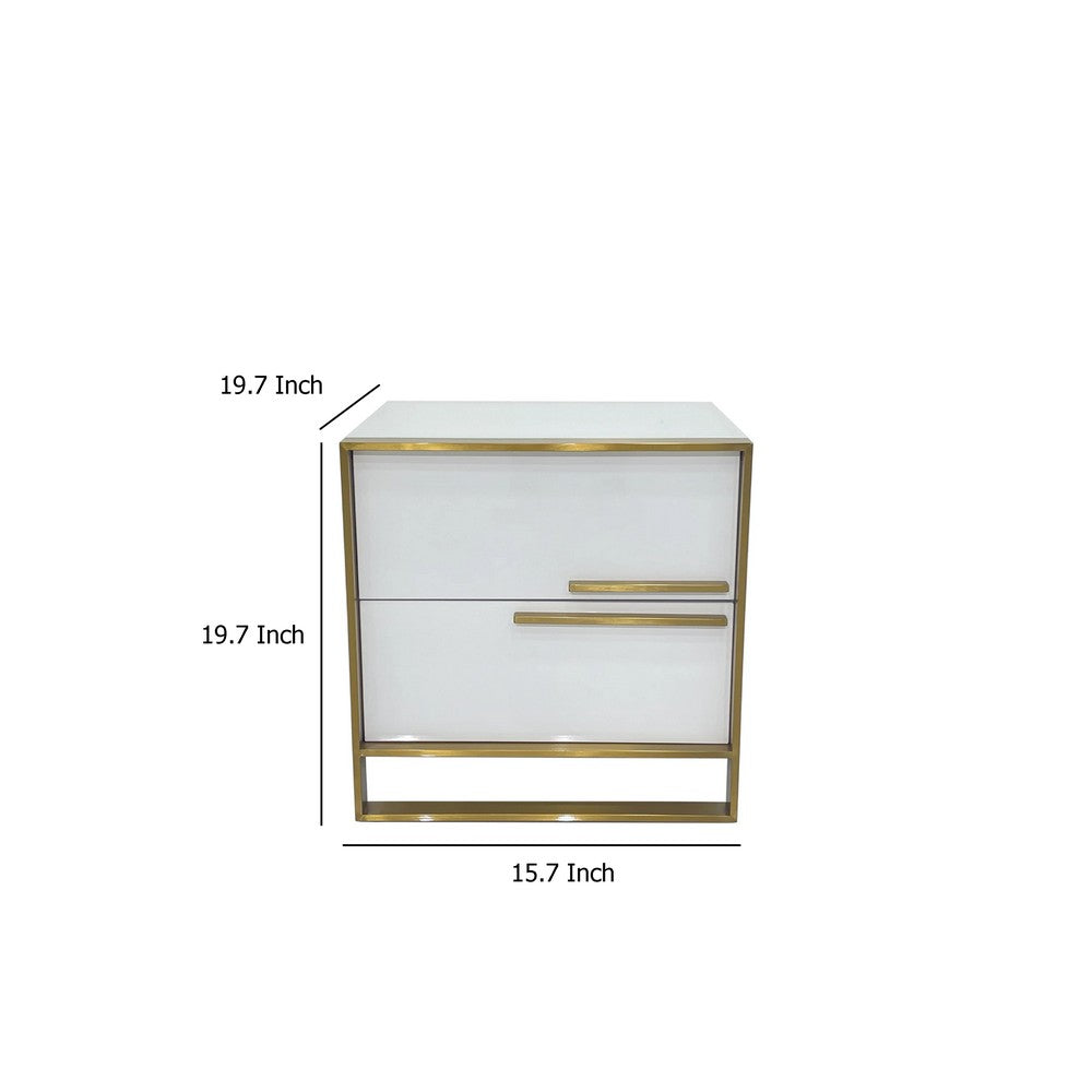 Benjara Boko Nightstand, 2 Drawers w Modern Gold Metal Handles, 20 Inch White