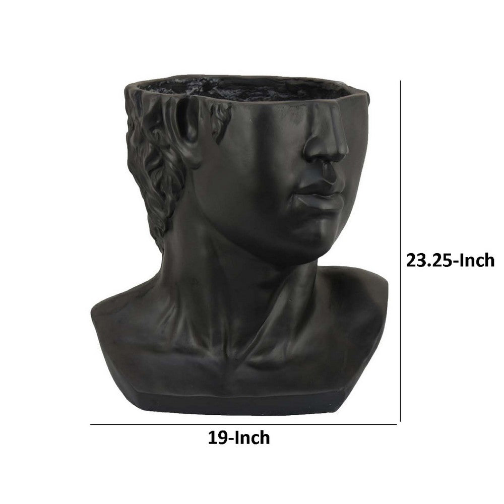Benjara Kylz Decor Head Garden Planter, 23 Inch, Wide Open Top, Black Resin