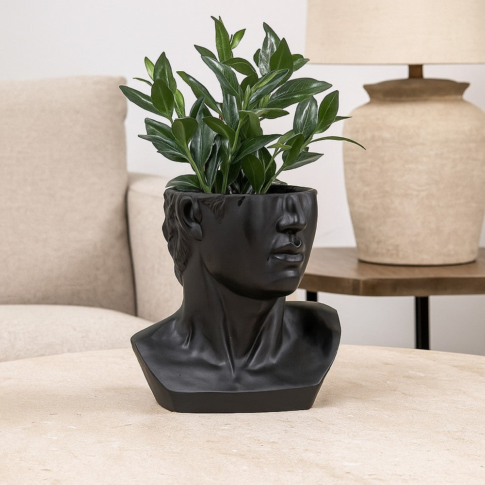 Benjara Kylz Decor Head Garden Planter, 23 Inch, Wide Open Top, Black Resin
