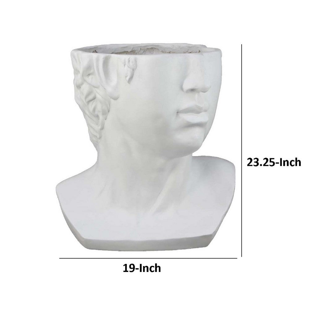 Benjara Kylz Decor Head Garden Planter, 23 Inch, Wide Open Top, White Resin