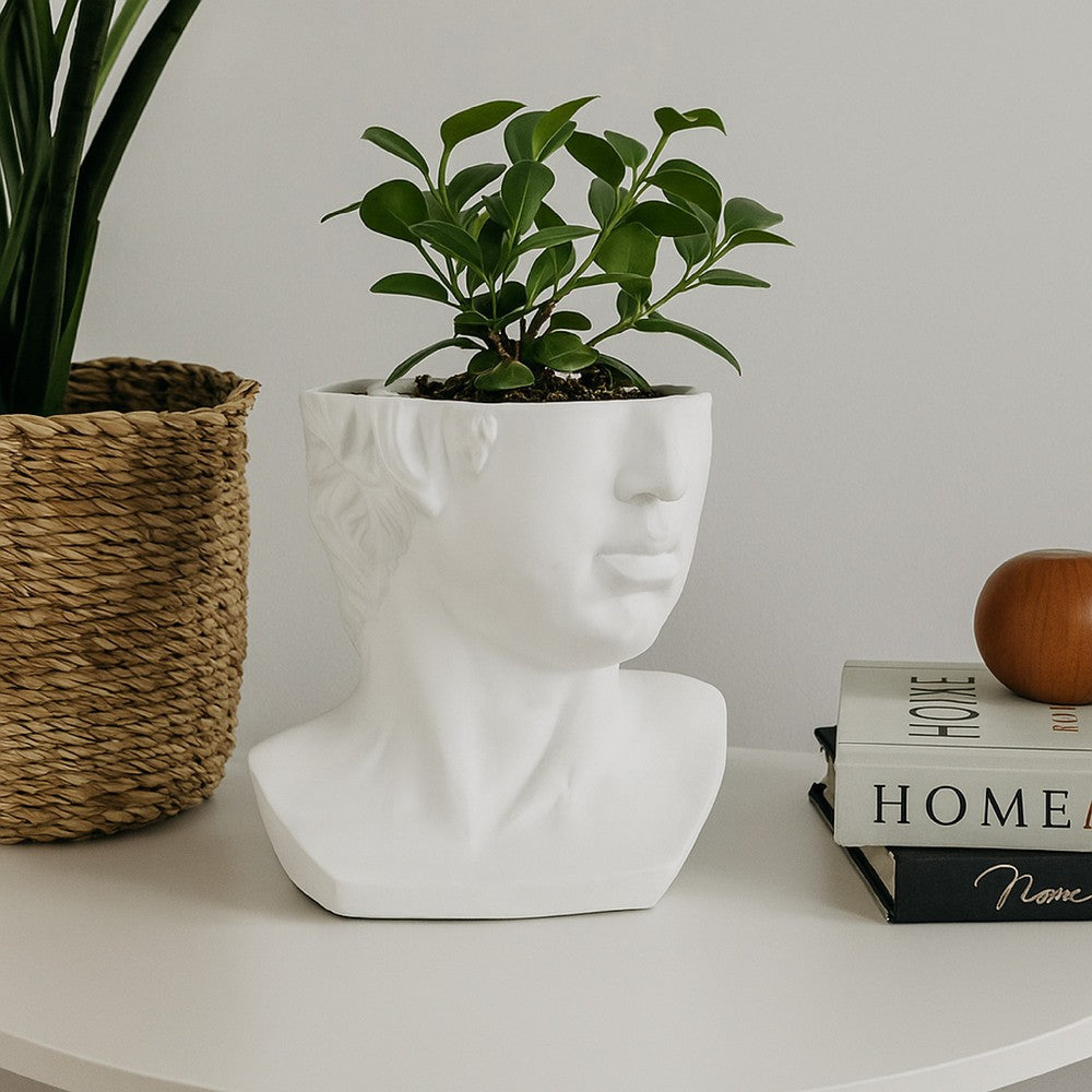 Benjara Kylz Decor Head Garden Planter, 23 Inch, Wide Open Top, White Resin
