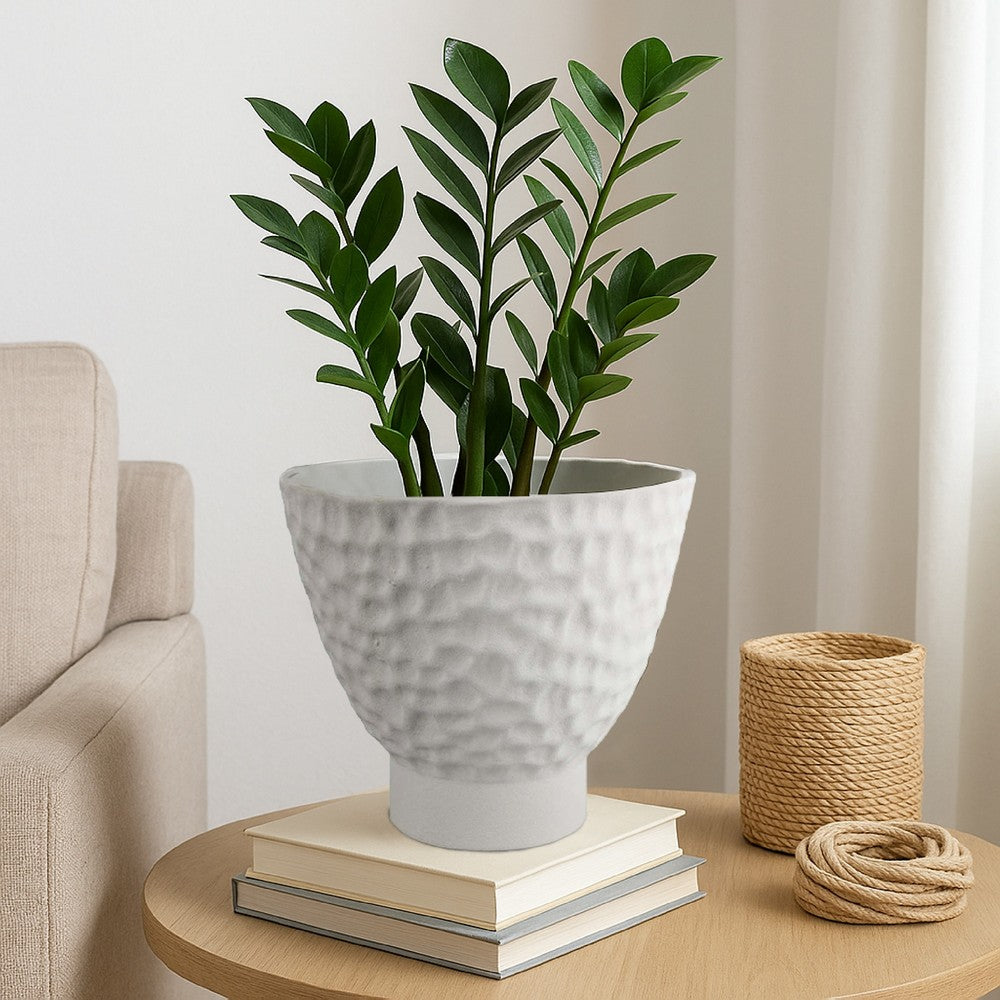 Benjara Decorative Bowl Shaped Planter, Hammered White Ceramic 12 Inch