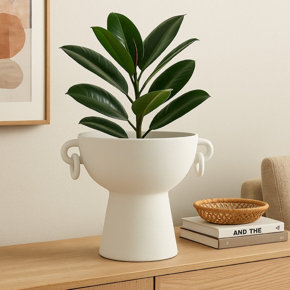 Benjara Decorative Bowl Planter, 2 Round Handles, Modern White Ceramic 14 Inch