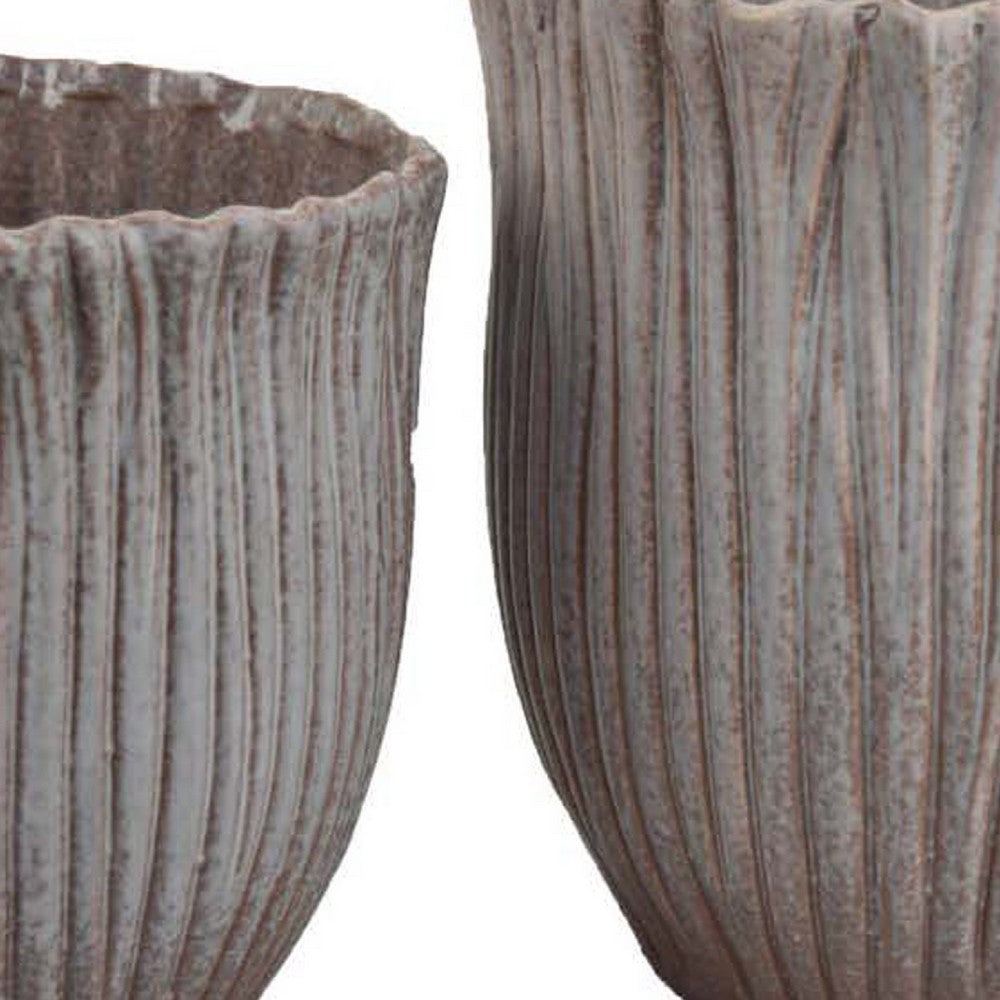 Benjara Decorative Planter Set of 2, Ribbed Texture Gray Ceramic Body