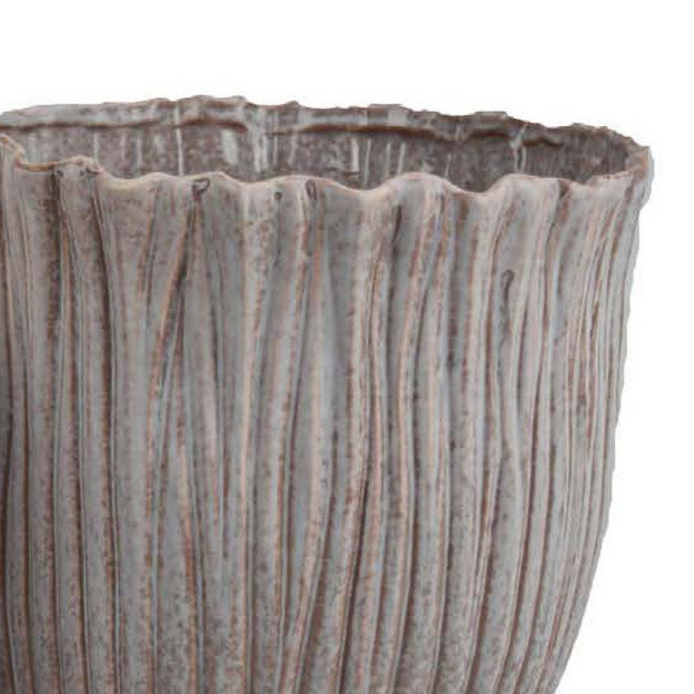 Benjara Decorative Planter Set of 2, Ribbed Texture Gray Ceramic Body