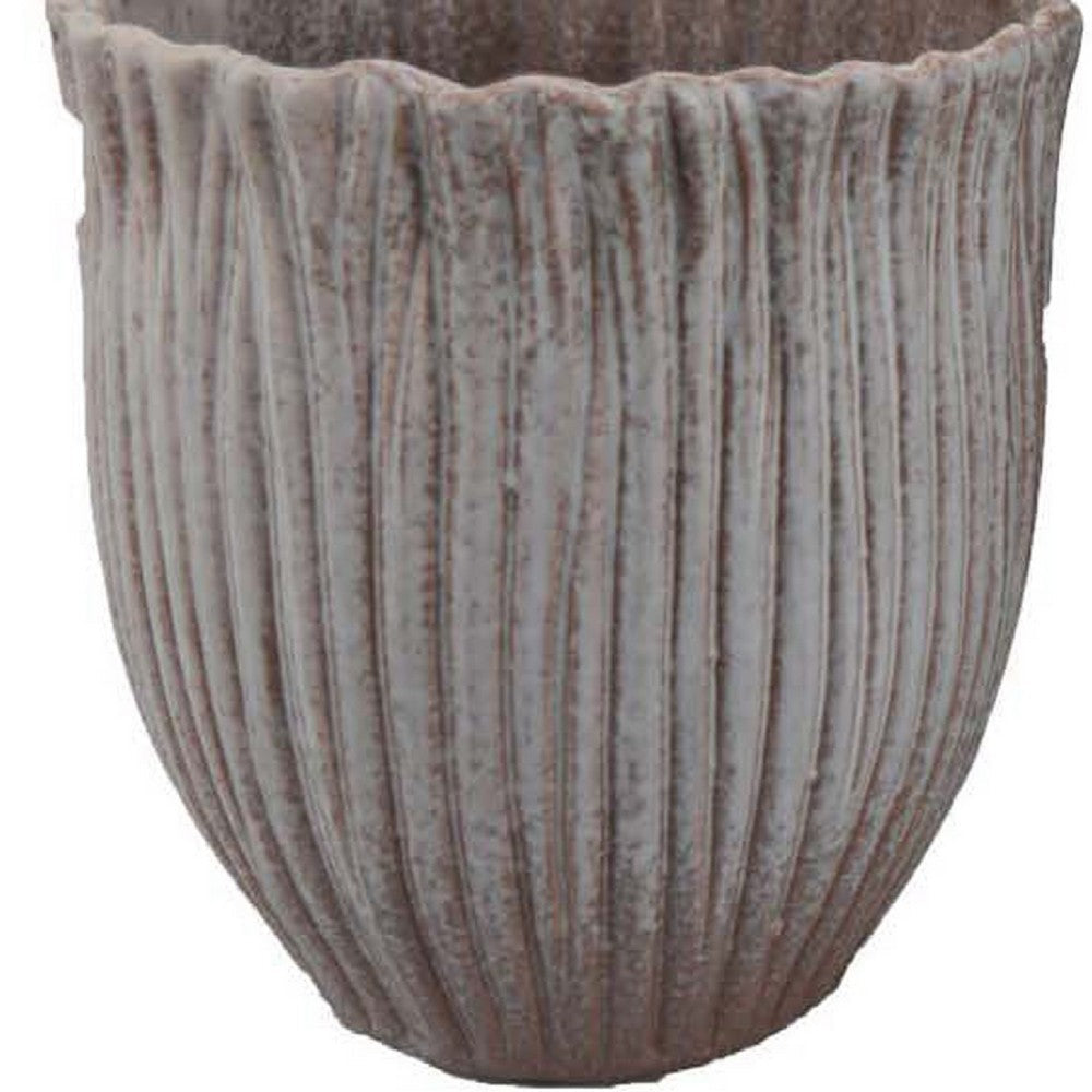 Benjara Decorative Planter Set of 2, Ribbed Texture Gray Ceramic Body