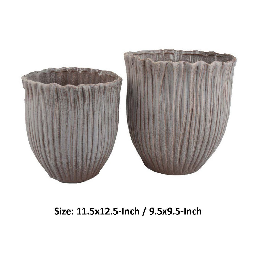 Benjara Decorative Planter Set of 2, Ribbed Texture Gray Ceramic Body
