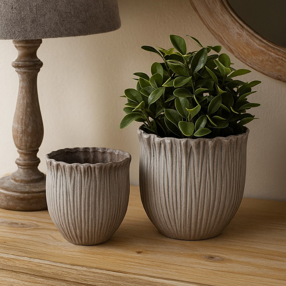 Benjara Decorative Planter Set of 2, Ribbed Texture Gray Ceramic Body