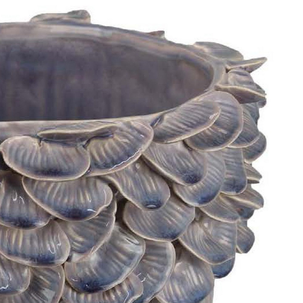 Benjara Decorative Planter, 13 Inch Ribbed Seashell Design, Purple Ceramic