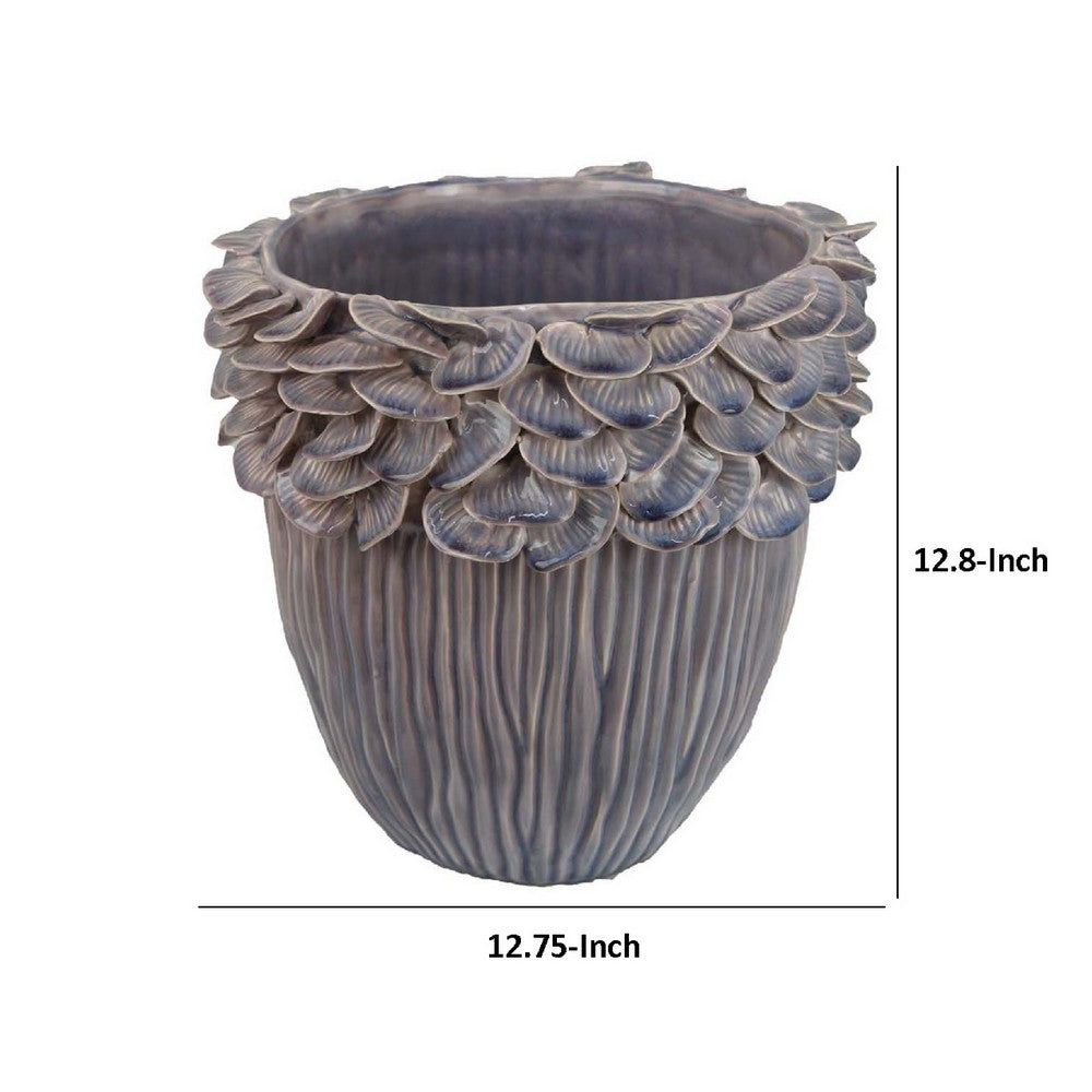 Benjara Decorative Planter, 13 Inch Ribbed Seashell Design, Purple Ceramic