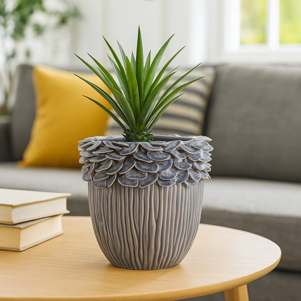 Benjara Decorative Planter, 13 Inch Ribbed Seashell Design, Purple Ceramic