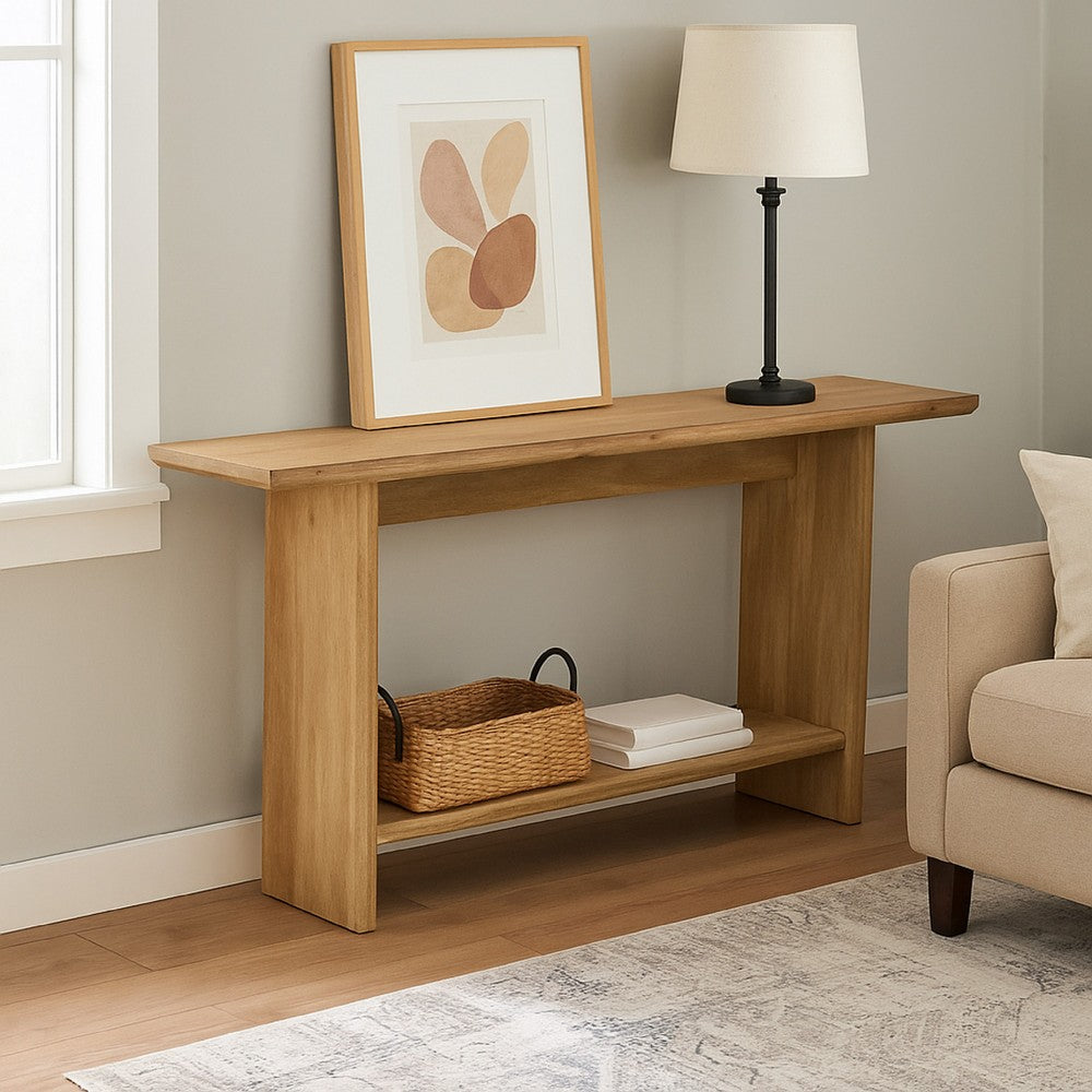 Benjara Console Table, Long Rectangular Top, 1 Shelf, 71 Inch Light Brown Wood