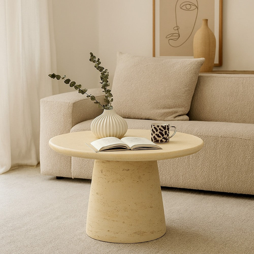 Benjara Keki Coffee Table, 24 Inch Round, Tapered Off White Resin Body