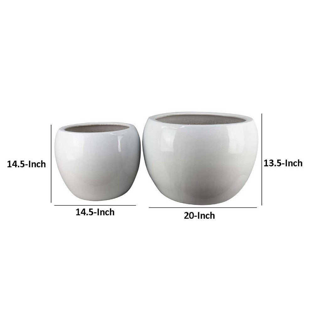 Benjara Womy Wide Decorative Planters Set of 2, Gloss White Ceramic 14 20 Inch