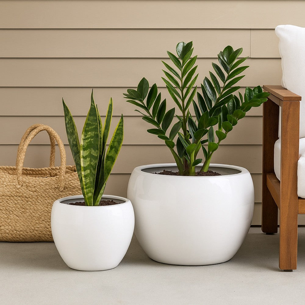Benjara Womy Wide Decorative Planters Set of 2, Gloss White Ceramic 14 20 Inch