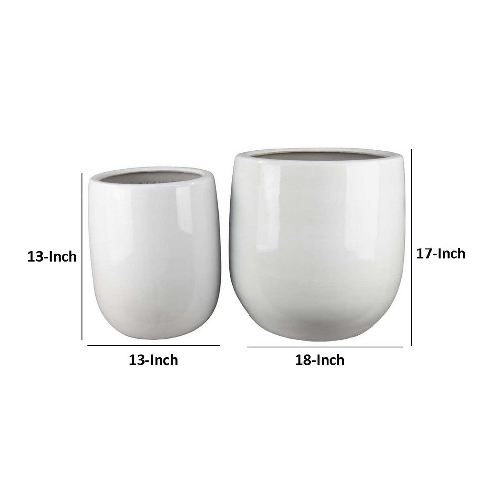 Benjara Womy Tall Decorative Planters Set of 2, Gloss White Ceramic 18 30 Inch