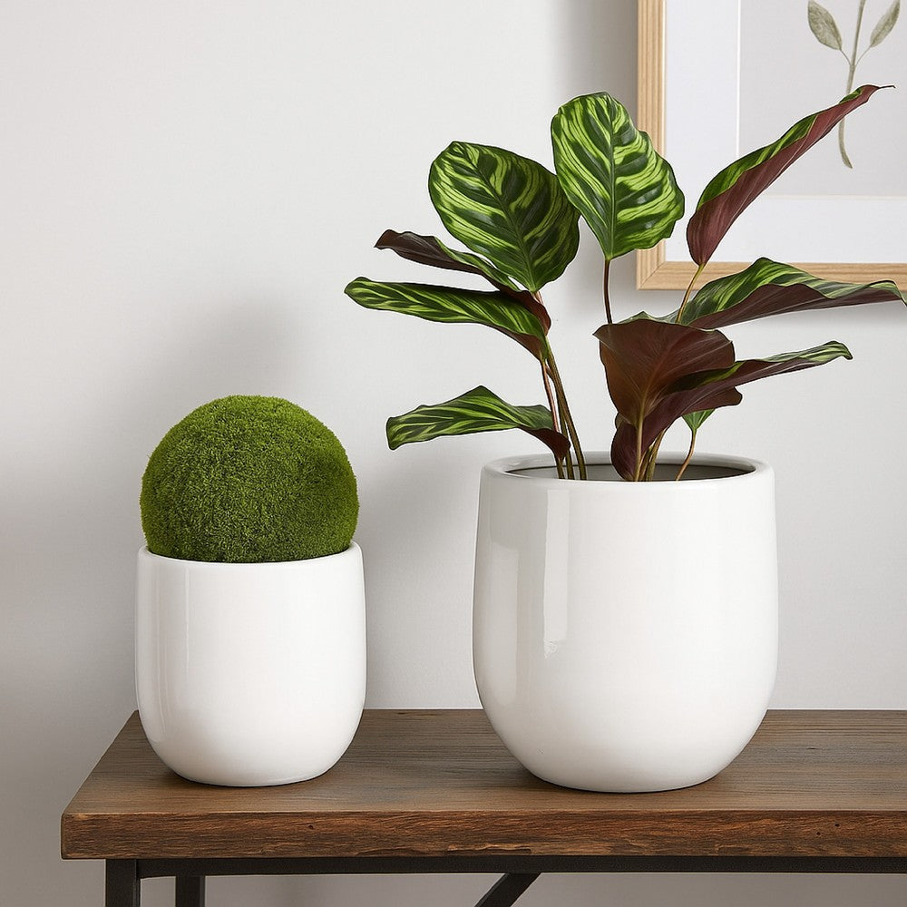 Benjara Womy Tall Decorative Planters Set of 2, Gloss White Ceramic 18 30 Inch