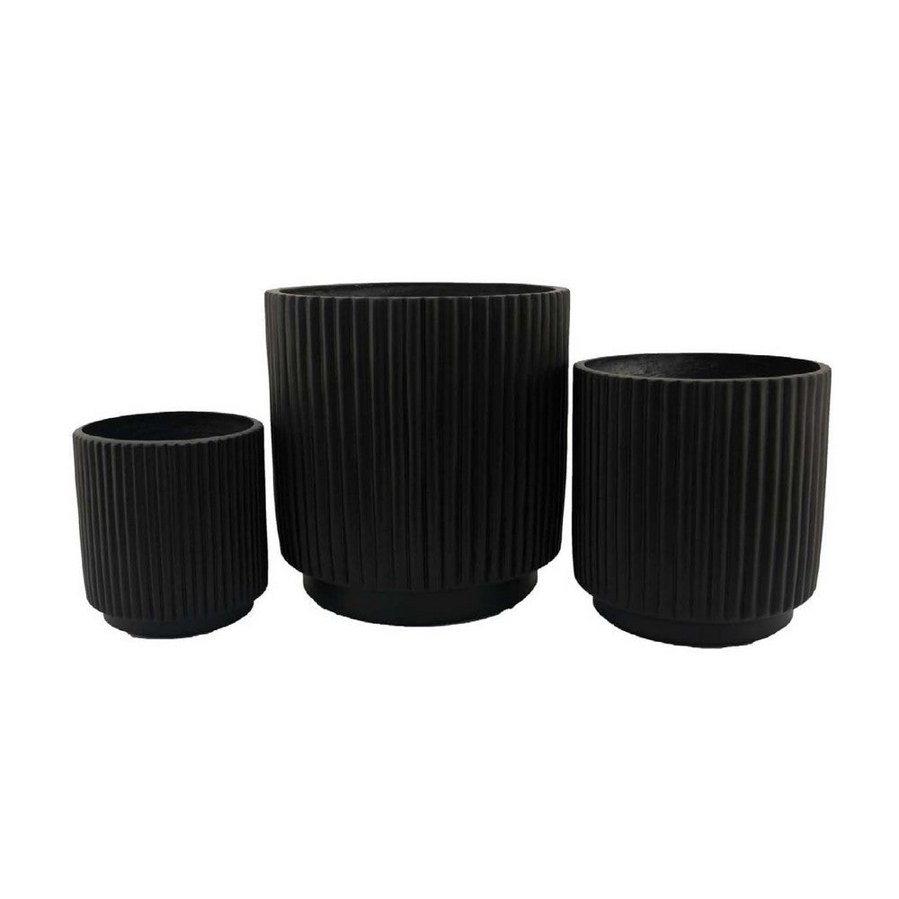 Benjara Elly Round Planter Set of 3, Ribbed Texture Black Resin, 16,12,9 Inch