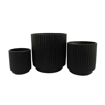 Benjara Elly Round Planter Set of 3, Ribbed Texture Black Resin, 16,12,9 Inch